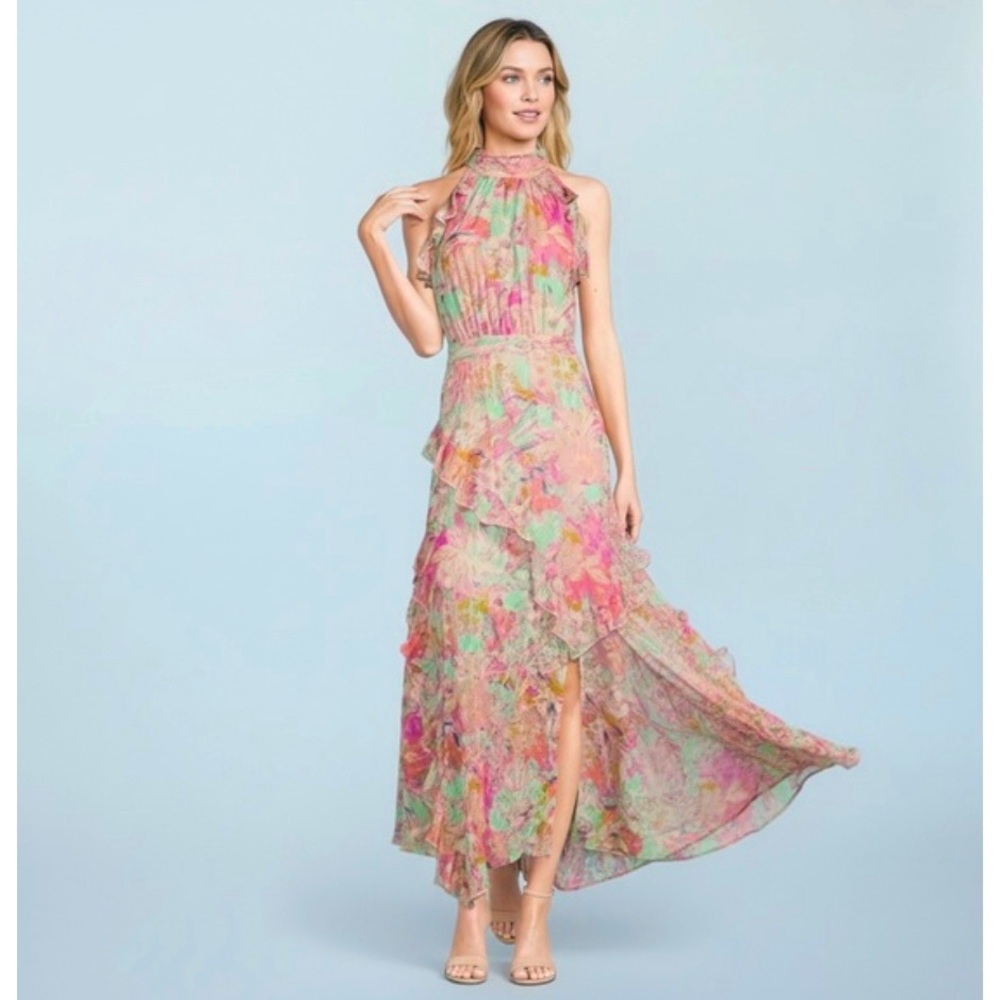 Alex Marie Fiona Halter Maxi Dress in Pink Teal Size 8P NWT